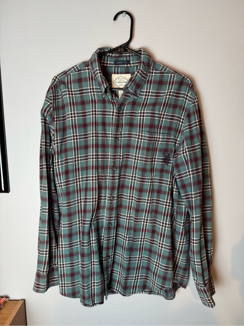 St. John's Bay Green and Burgundy Plaid Button-Down Shirt